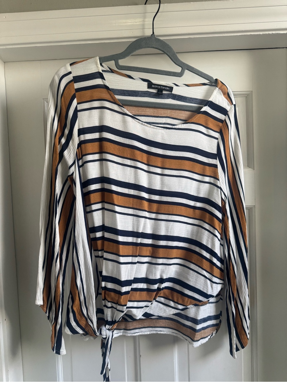 Jealous Tomato White Navy and Brown Striped Long Sleeve Tie Front Top